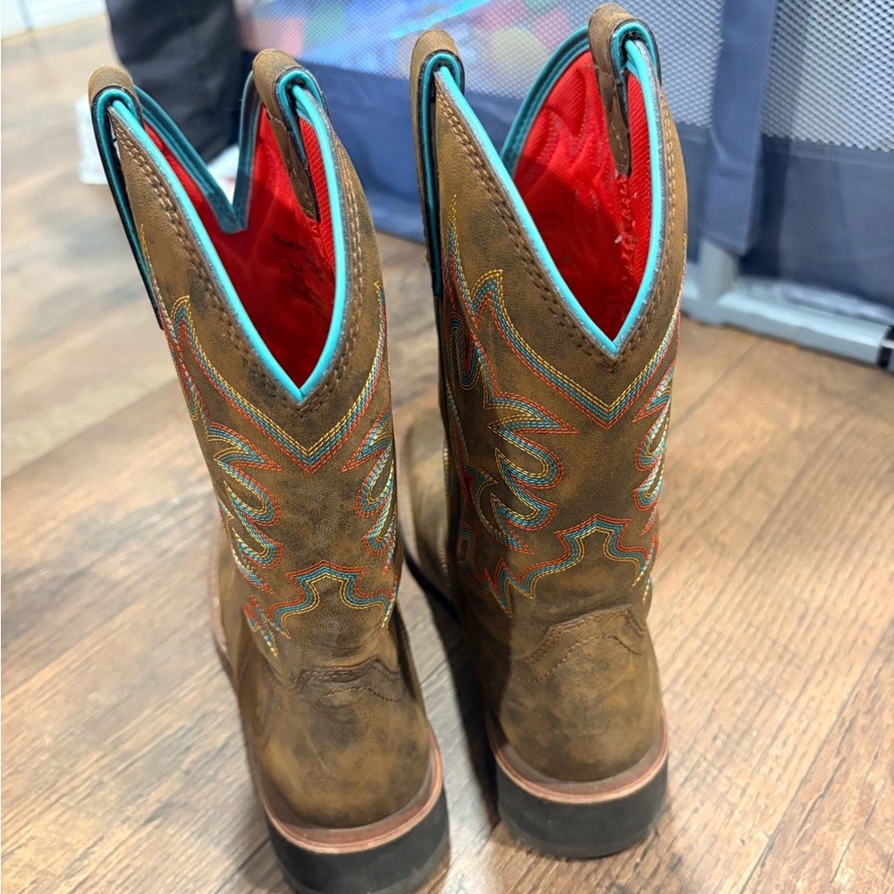Ariat Brown Western Boots with Red and Blue Accents - Picture 3 of 3